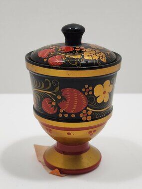 Vintage Khokhloma Hand Painted "Salt Cellar" Cup W/Lid Made in USSR